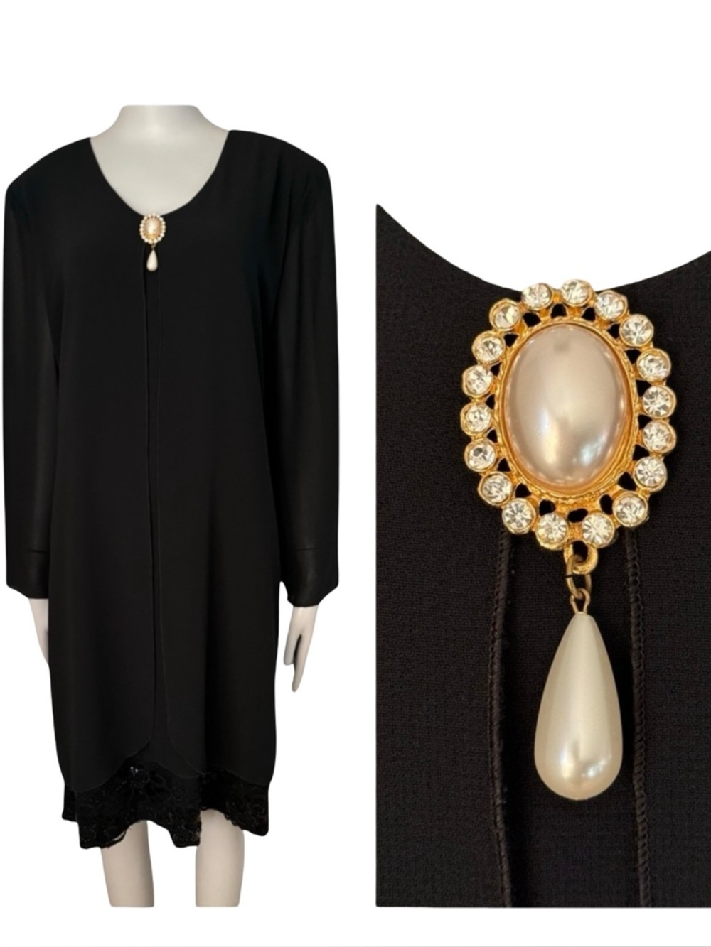 CATTIVA Vintage Crepe Embellished Black Formal Dress Long Sleeve Size 14